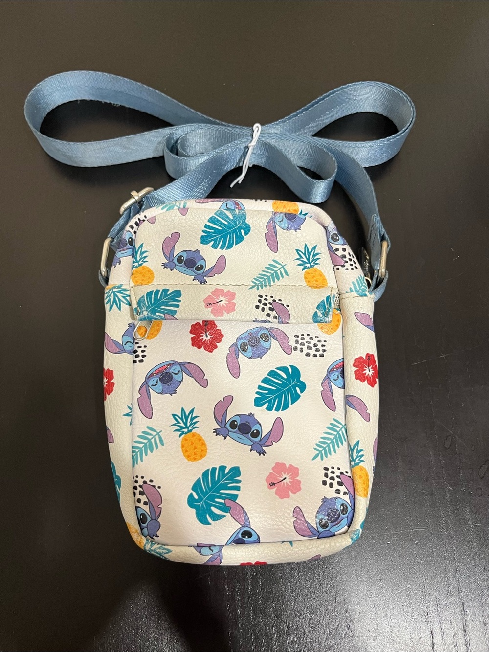 Buckle down Crossbody Phone Bag in Light Blue Stitch with Tropical Stitch Print